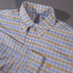 Brooks Brothers Button Down Logo Shirt Men's Large Yellow Gold Blue Plaid Cotton